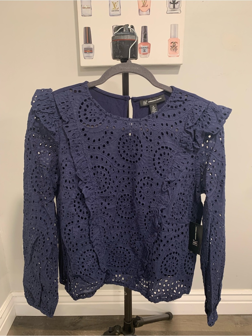 INC Navy Eyelet Ruffle Long-Sleeve Top - GB033